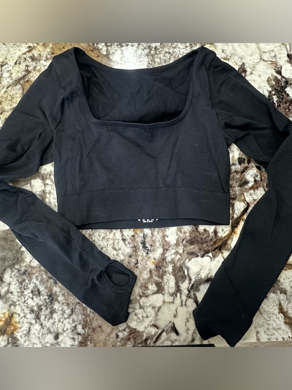 Women’s Black Ribbed Long-Sleeve Square Neck Crop Top